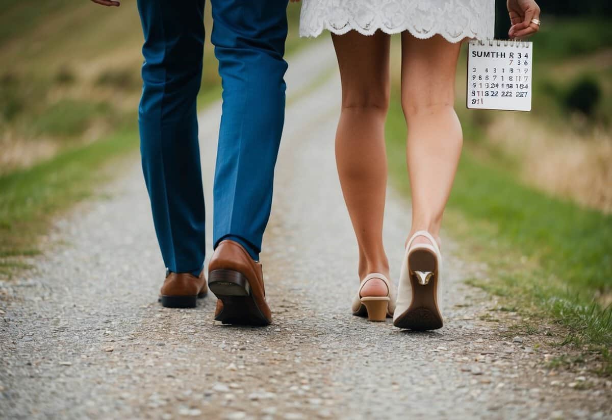 A couple's feet walk along a winding path, with a calendar showing 22 months in the background. A wedding ring is visible on one of the feet