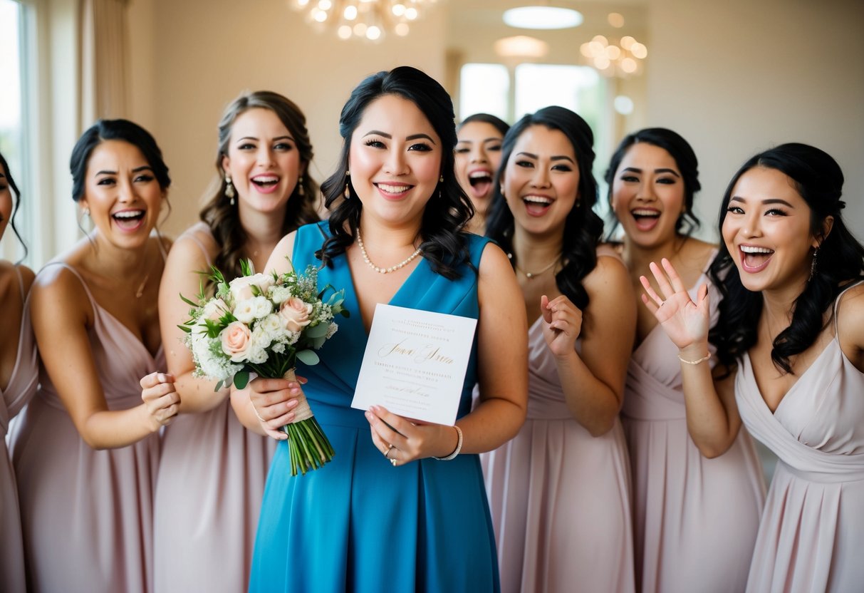 A person holding a bouquet of flowers and a wedding invitation, surrounded by a group of excited bridesmaids