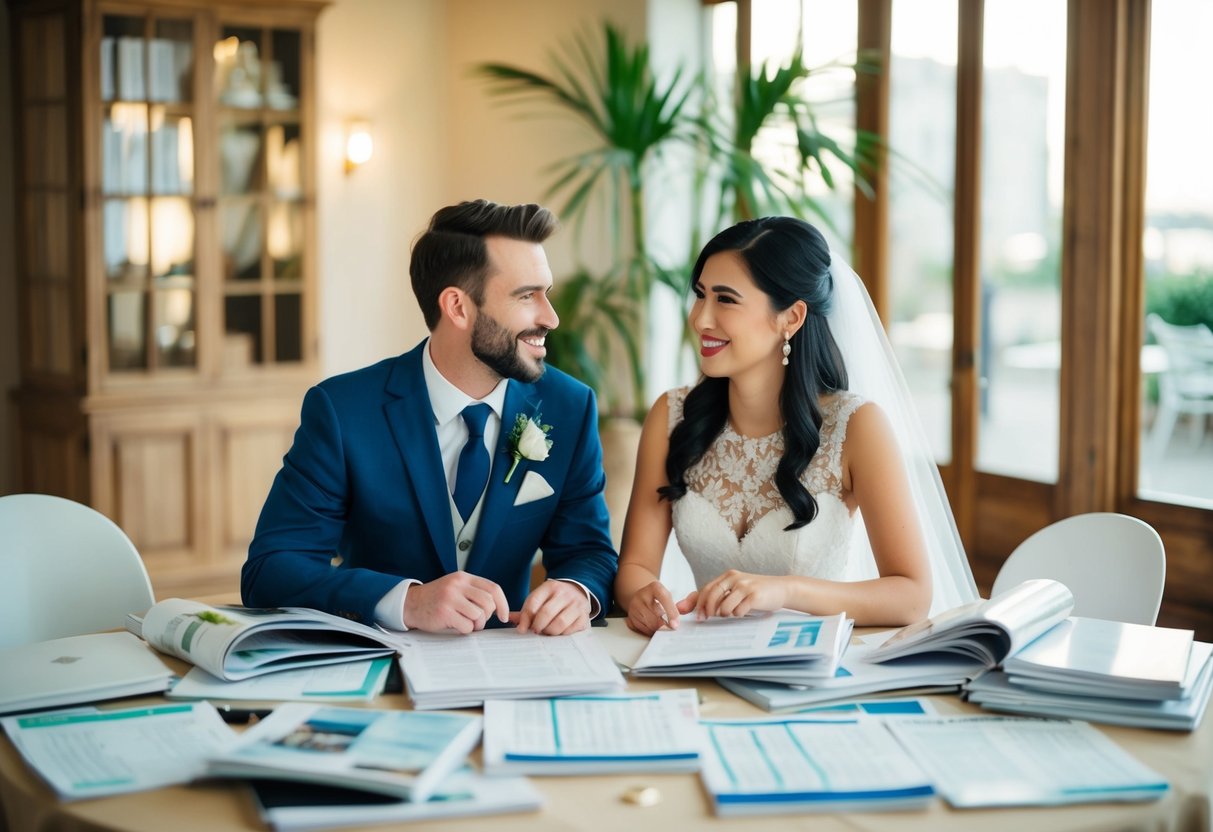 A couple sits at a table covered in wedding magazines and spreadsheets, discussing plans with excitement and anticipation