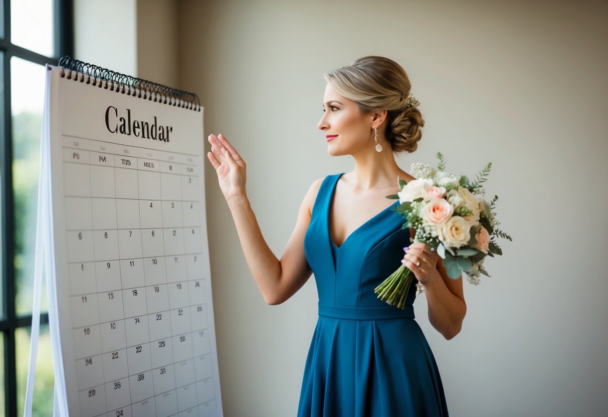 A woman holding a bouquet stands next to a calendar, pondering whether to ask a potential wedding date before selecting bridesmaids