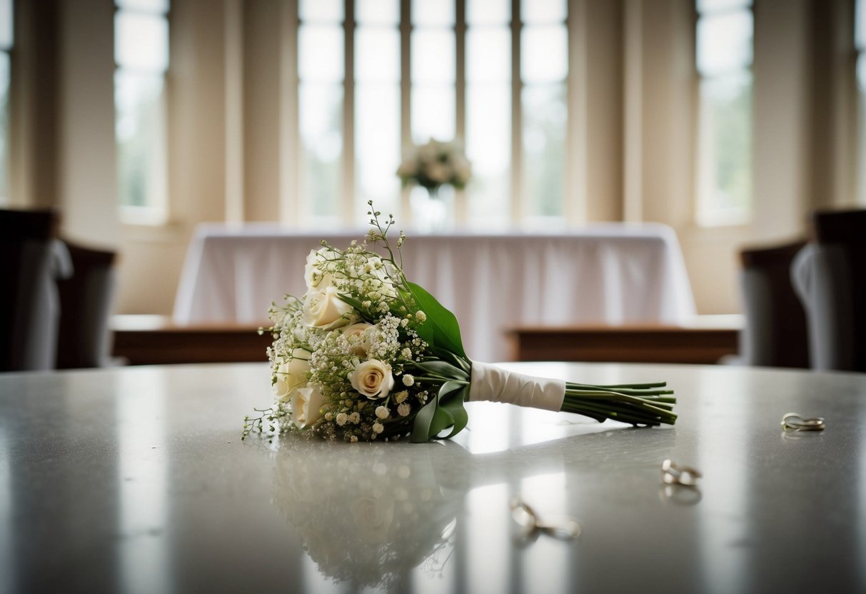 A lone bridesmaid bouquet wilting on a deserted wedding altar