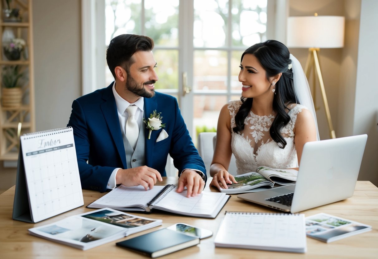 A couple sits at a table with a calendar, surrounded by wedding magazines and a laptop. They are discussing and planning their wedding timeline