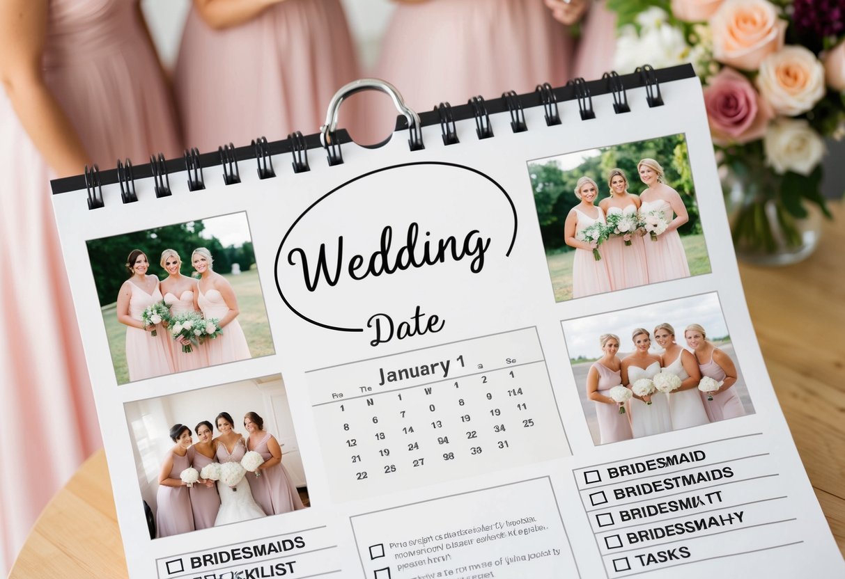 A calendar with a circled wedding date, surrounded by images of bridesmaids and a checklist of tasks