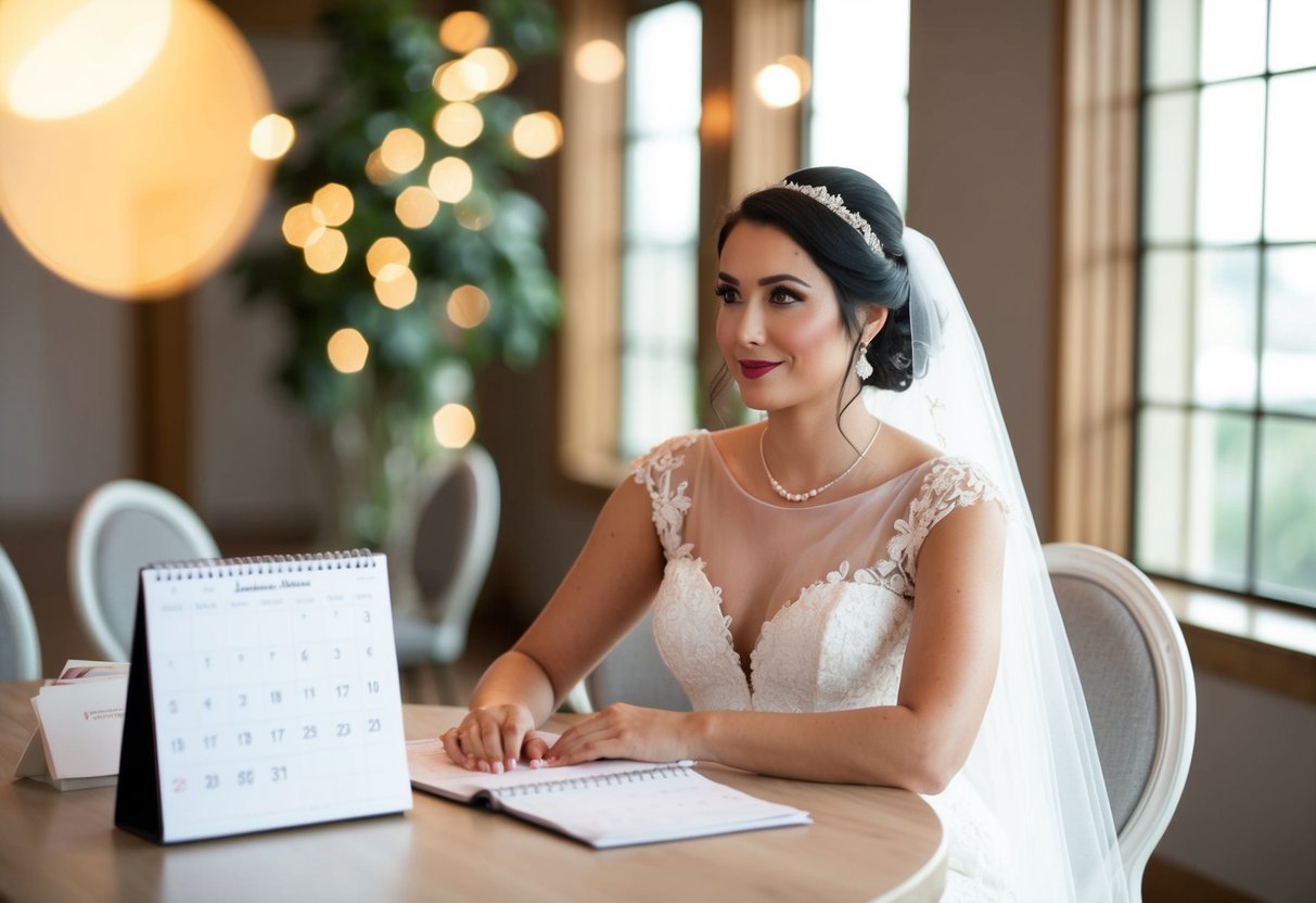 A bride sitting at a table with a calendar, pondering her options