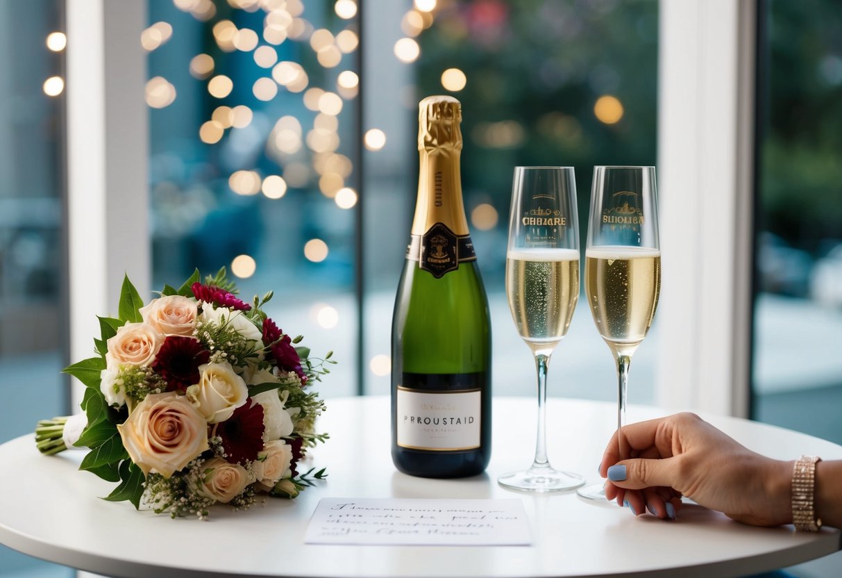 A bridesmaid proposal scene: A table with a bouquet of flowers, a bottle of champagne, and a handwritten note