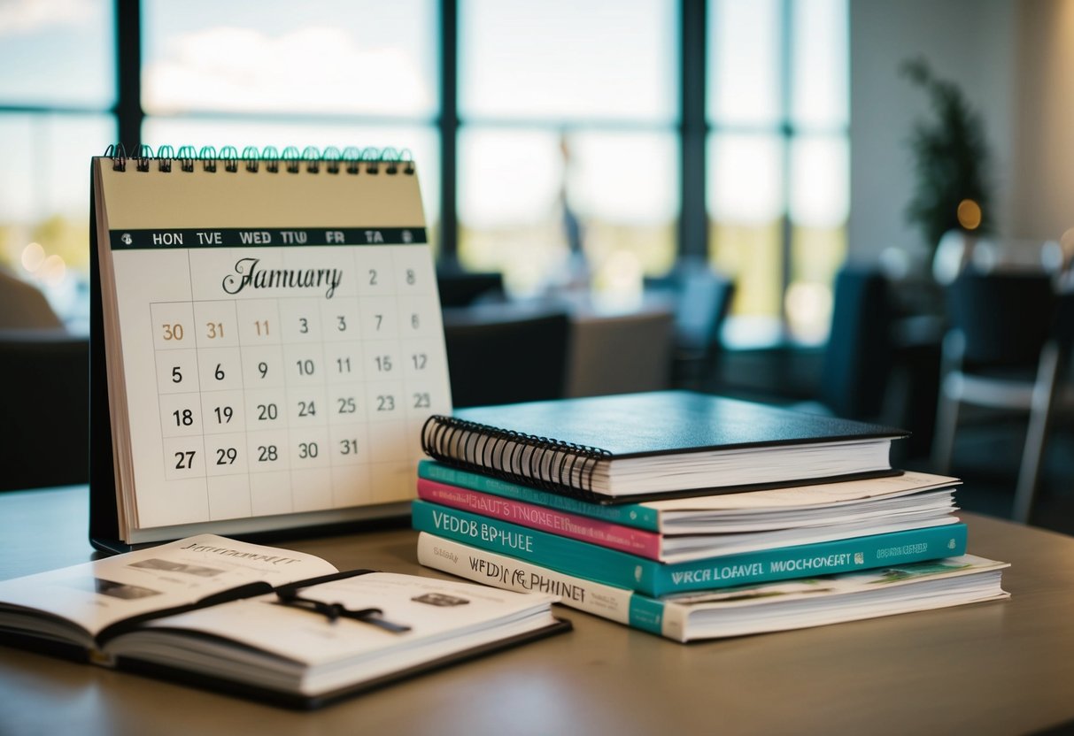 A calendar with dates marked, a wedding planner book, and a stack of vendor brochures spread out on a table