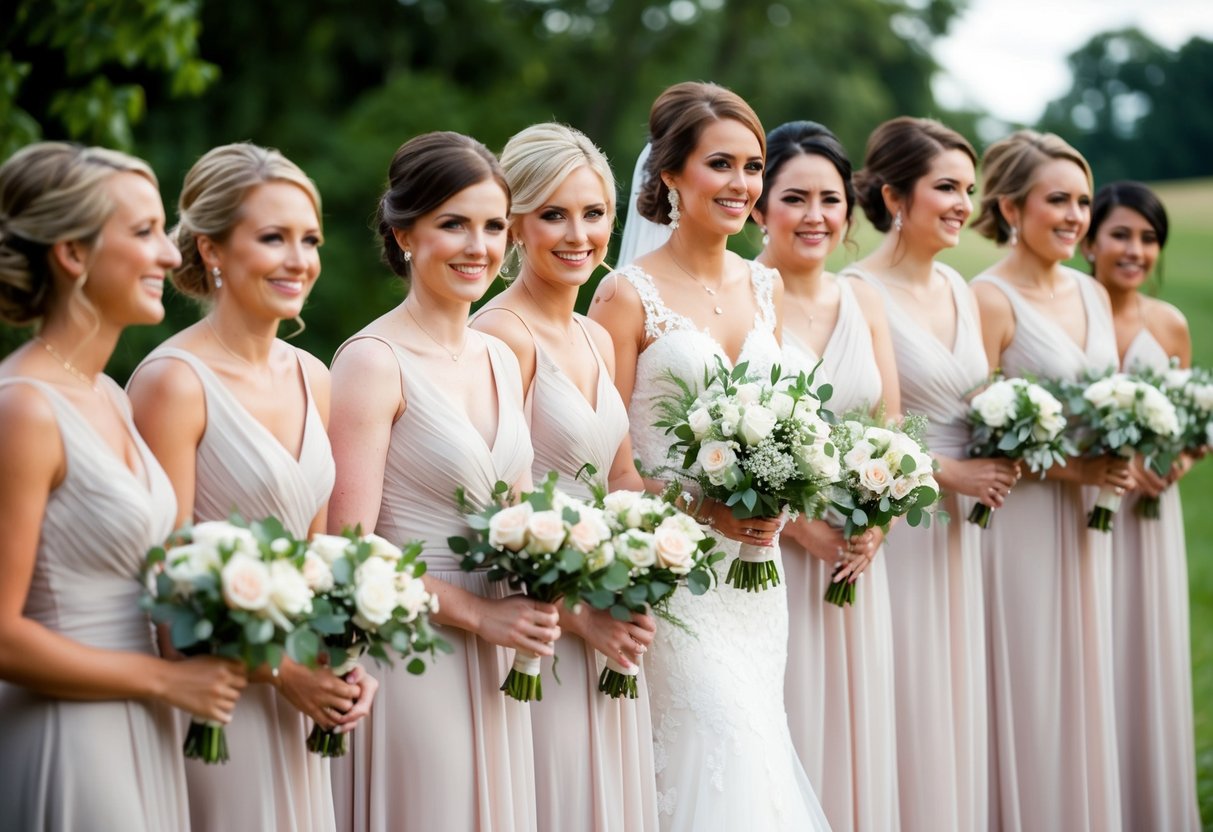 A group of bridesmaids stand in a line, holding bouquets and wearing matching dresses. They smile and chat as they wait for the bride to walk down the aisle