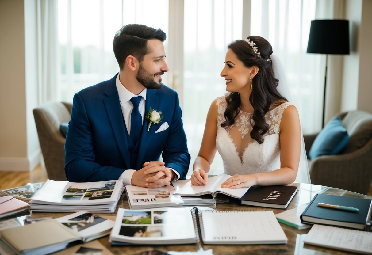 A couple sits at a table covered in wedding magazines, notebooks, and a calendar, discussing their upcoming nuptials