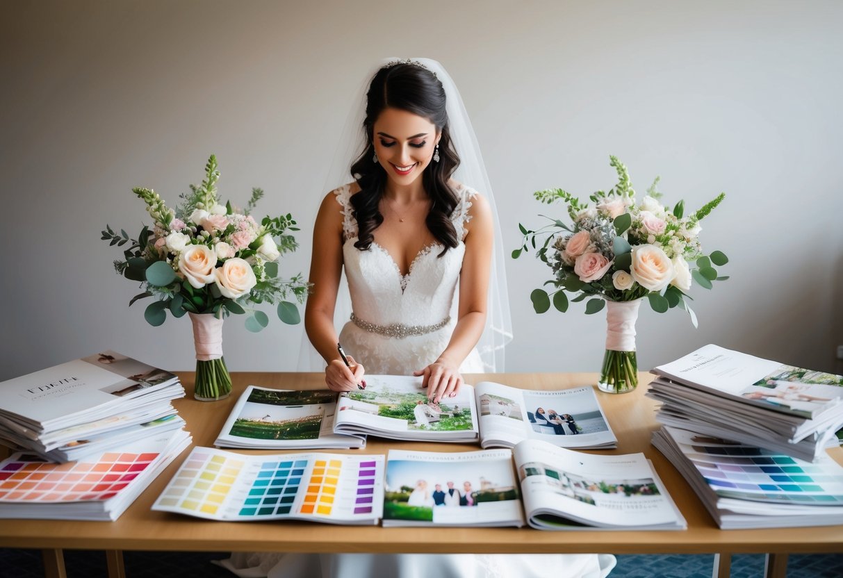 The bride sits at a desk covered in wedding magazines, surrounded by color swatches and floral arrangements, diligently planning her big day