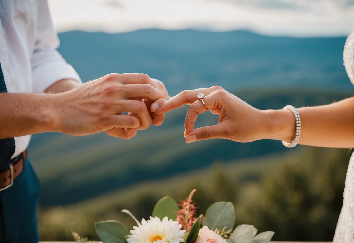 A couple's hands exchanging a ring over a scenic backdrop