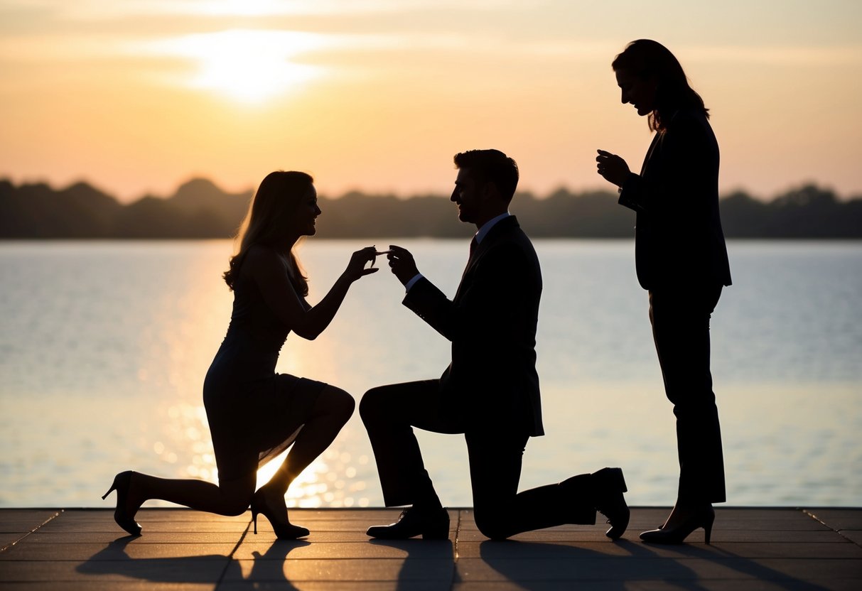A couple's shadows cast by the setting sun, with one figure on bended knee offering a ring to the other. The background shows a serene, romantic setting