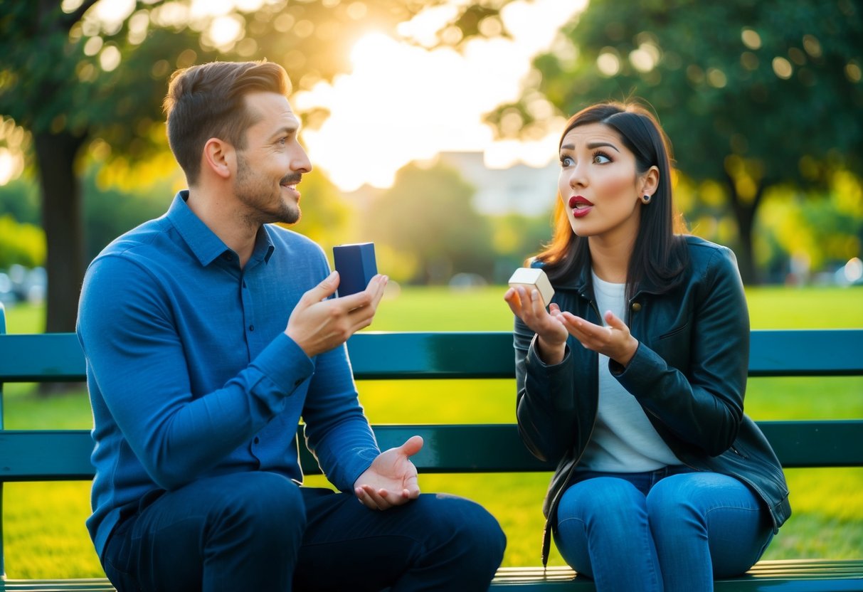A couple sitting on a park bench, one holding a ring box while the other looks surprised and uncertain. The setting sun casts a warm glow on the scene