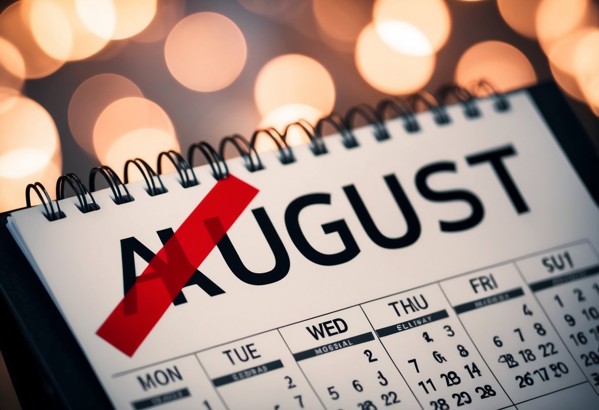 A calendar with a big red X over the month of August