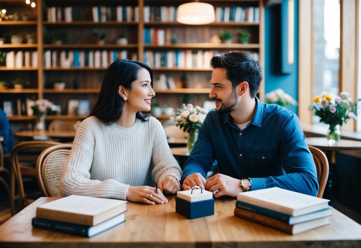 A couple sits at a cozy cafe, surrounded by books and flowers. They are deep in conversation, with a ring box on the table between them