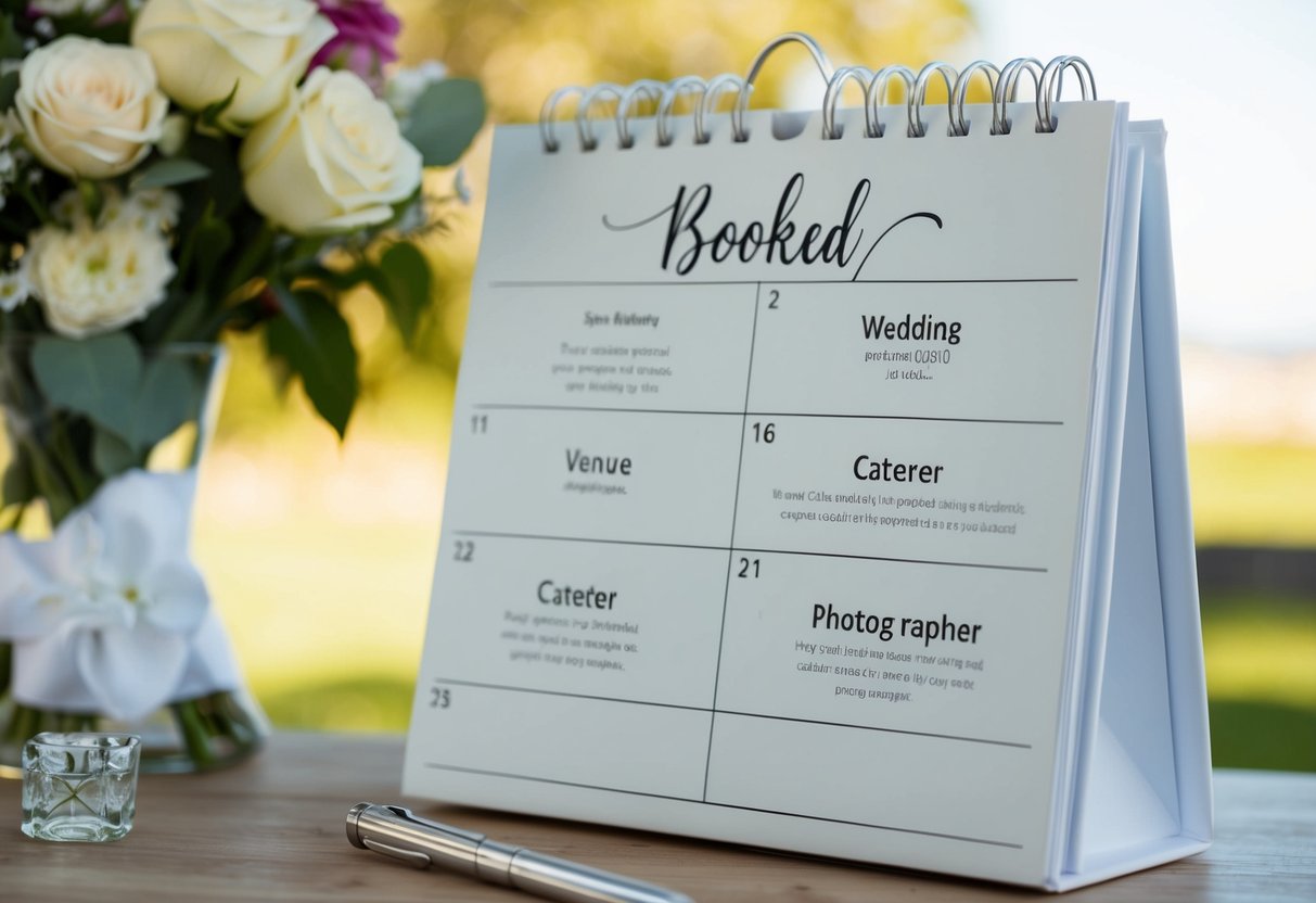 A calendar with wedding-related items such as a venue, caterer, and photographer being booked in advance
