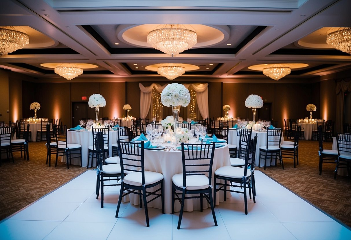 A wedding reception with tables set for a meal, a dance floor, and decorations in a ballroom