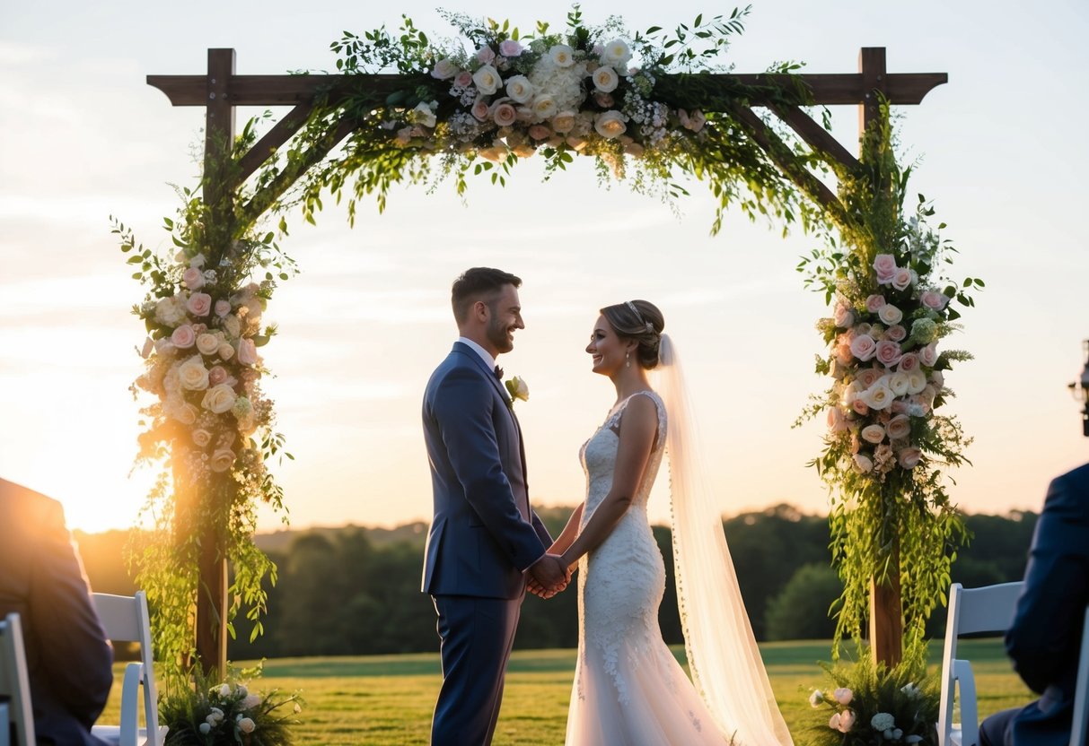 A bride and groom stand under a floral arch at a wedding ceremony. The sun is setting, casting a warm glow over the outdoor venue
