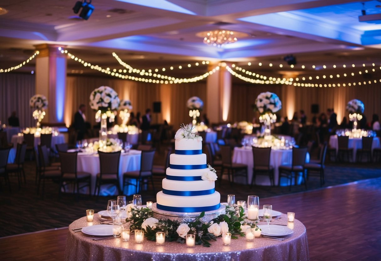 A festive wedding reception with tables, chairs, and a dance floor. Decorations, lights, and a large wedding cake are prominently displayed