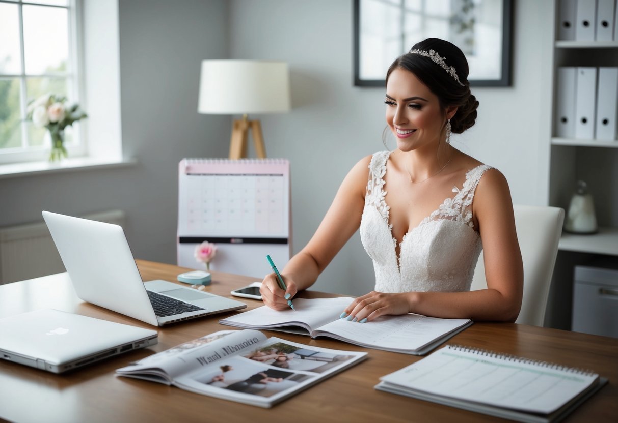 A bride-to-be sitting at a desk surrounded by wedding magazines, a calendar, and a laptop, making notes and checking dates