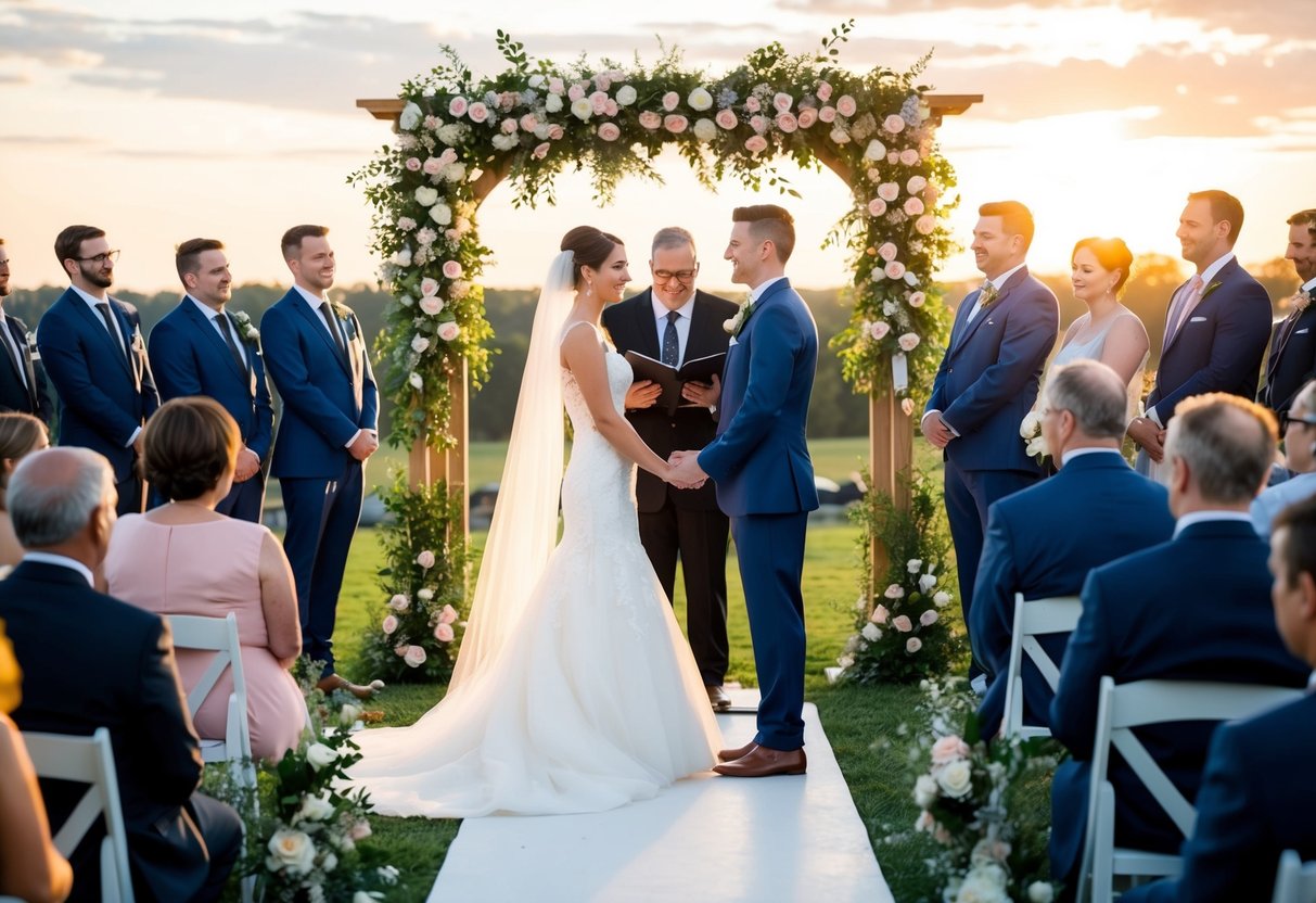 A bride and groom stand at the altar under a floral arch, surrounded by guests in formal attire. The sun sets behind them, casting a warm glow over the outdoor ceremony