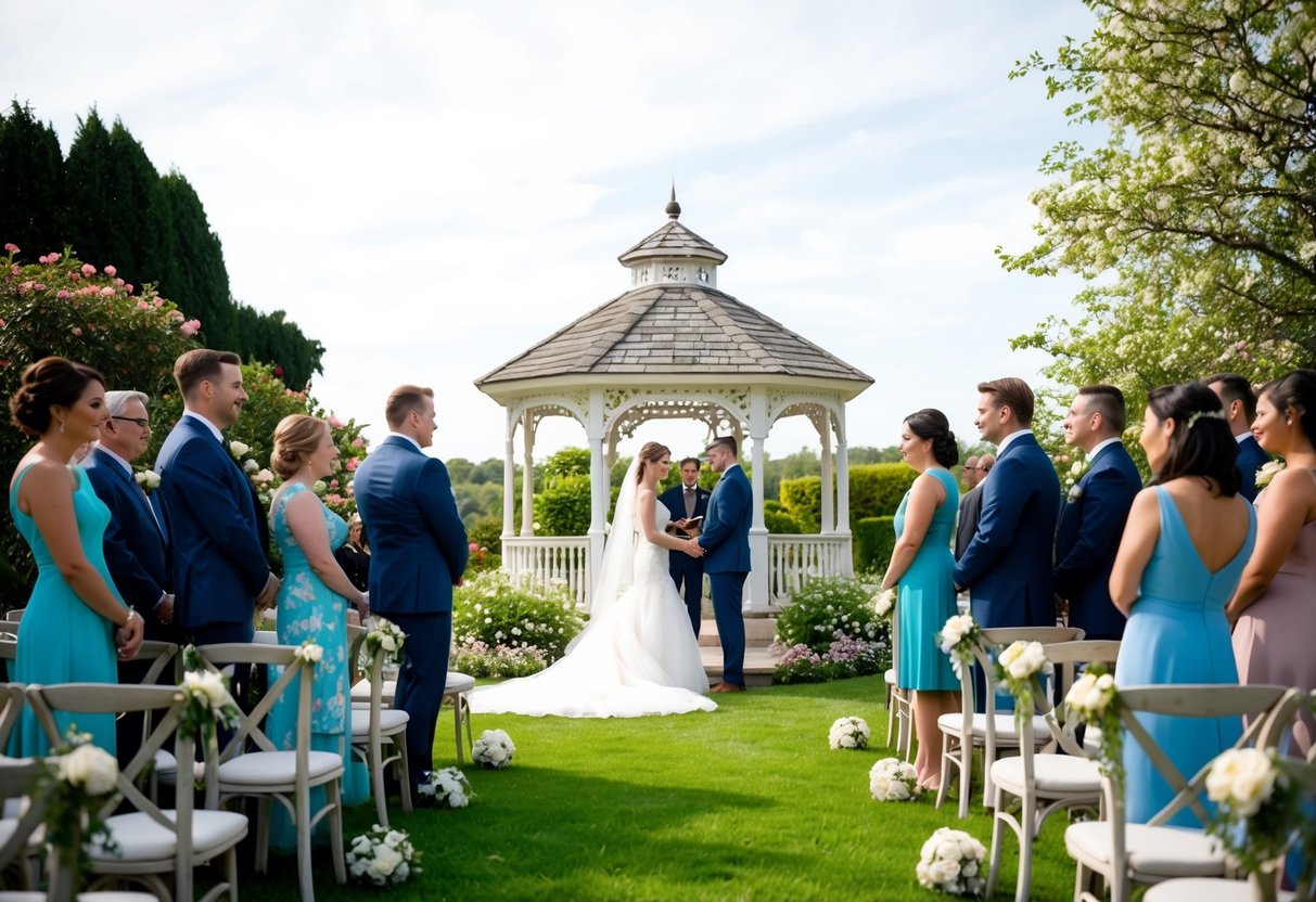 A serene outdoor wedding ceremony with a blooming garden and a charming gazebo, surrounded by friends and family in elegant attire