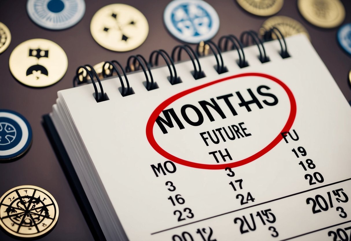 A calendar with a red circle around a date three months in the future, surrounded by symbols of cultural and superstitious significance