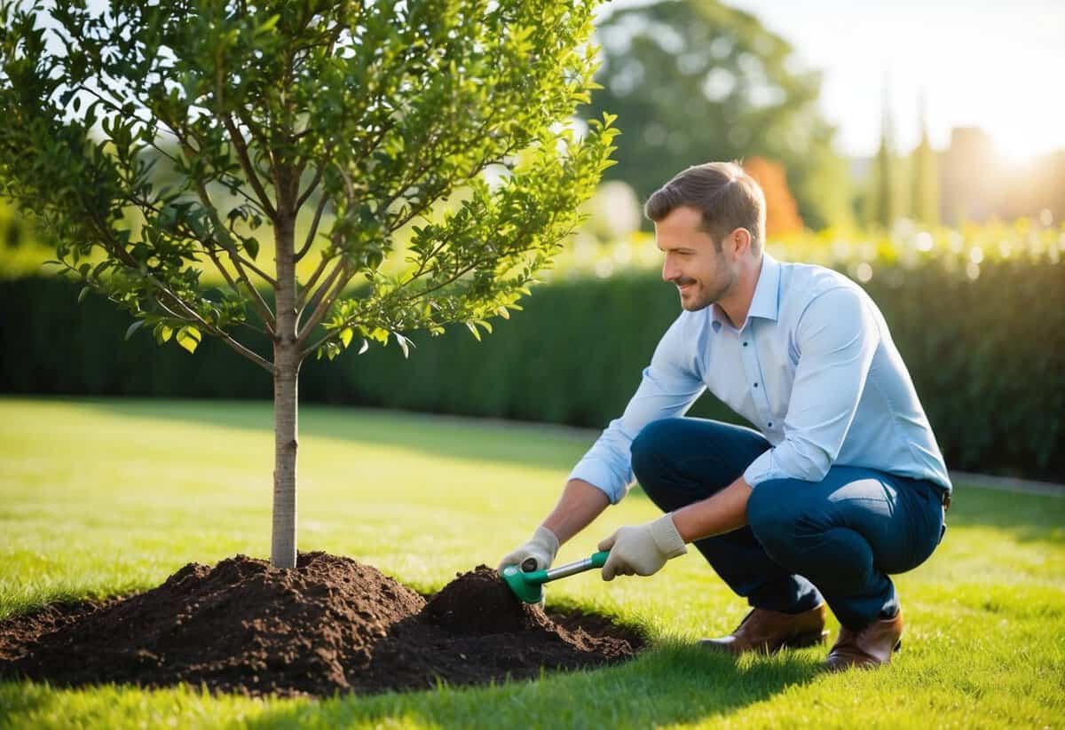 A man planting a tree in a garden, envisioning a future together