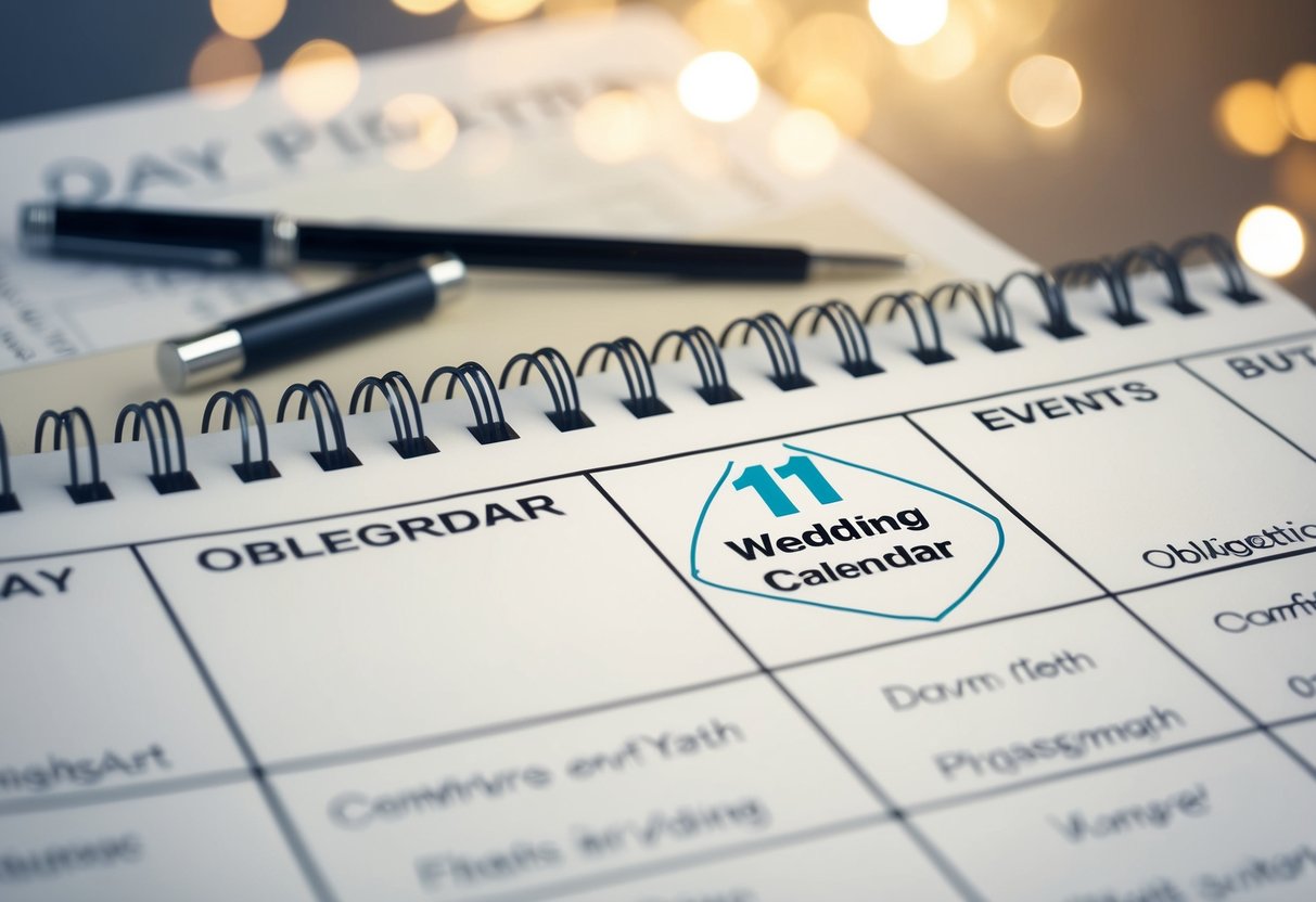 A calendar with a wedding date circled, surrounded by various conflicting events and obligations