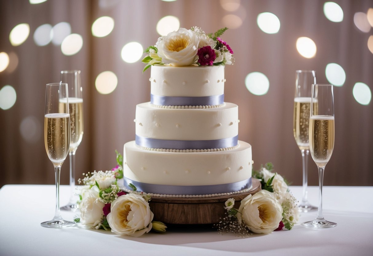 A wedding cake surrounded by flowers and champagne glasses