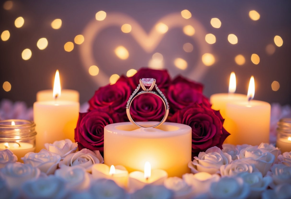 A wedding ring placed on a bed of roses, surrounded by candles and a heart-shaped shadow cast by the flickering flames