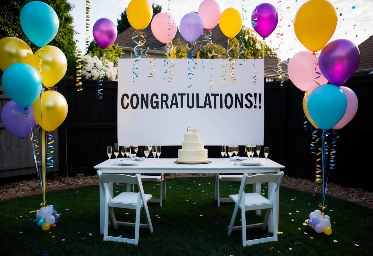 A group of colorful balloons, streamers, and confetti decorate a backyard with a large sign reading "Congratulations!" A table is set with champagne glasses and a wedding cake