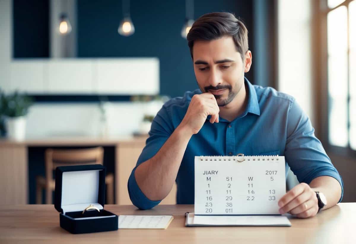 A man sitting at a table, looking at a calendar with a thoughtful expression. A ring box is open in front of him