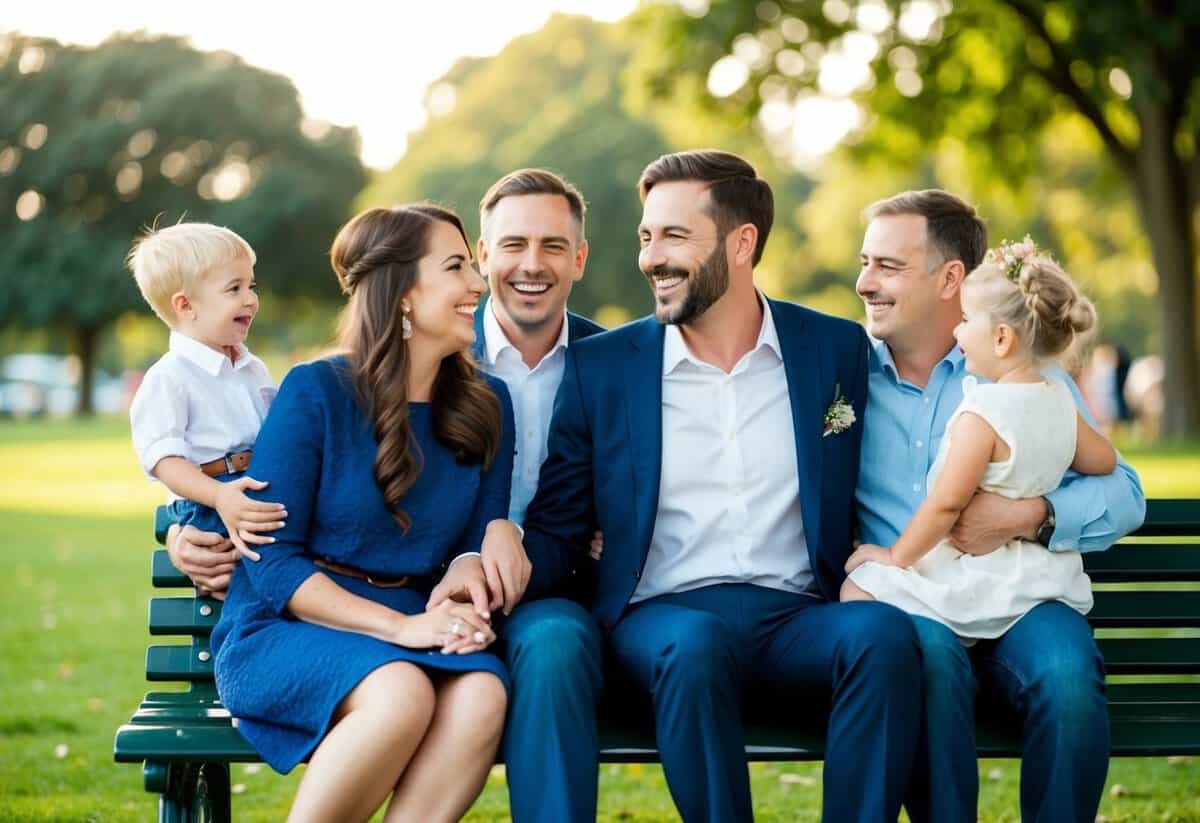 A couple sitting together on a park bench, smiling and laughing while surrounded by their family and friends