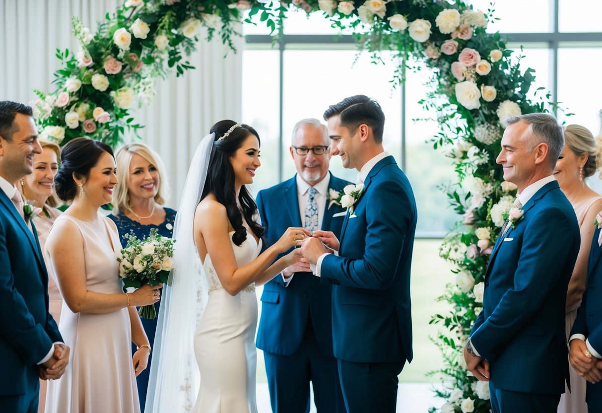 A bride and groom exchanging rings under a floral archway, surrounded by family and friends in a modern, elegant wedding ceremony