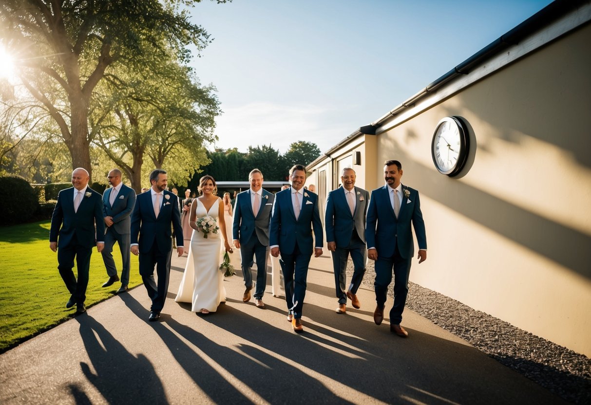 Guests arriving at a wedding venue, sunlight filtering through trees, casting long shadows on the ground. A clock on the wall shows the time as early morning