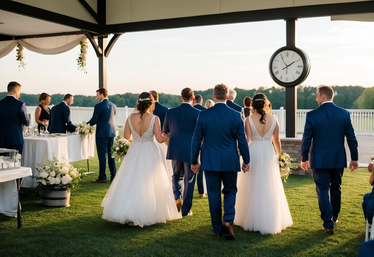Guests arriving at a wedding venue, with a clock showing the time as early morning. Decorations are being set up, and vendors are preparing for the event