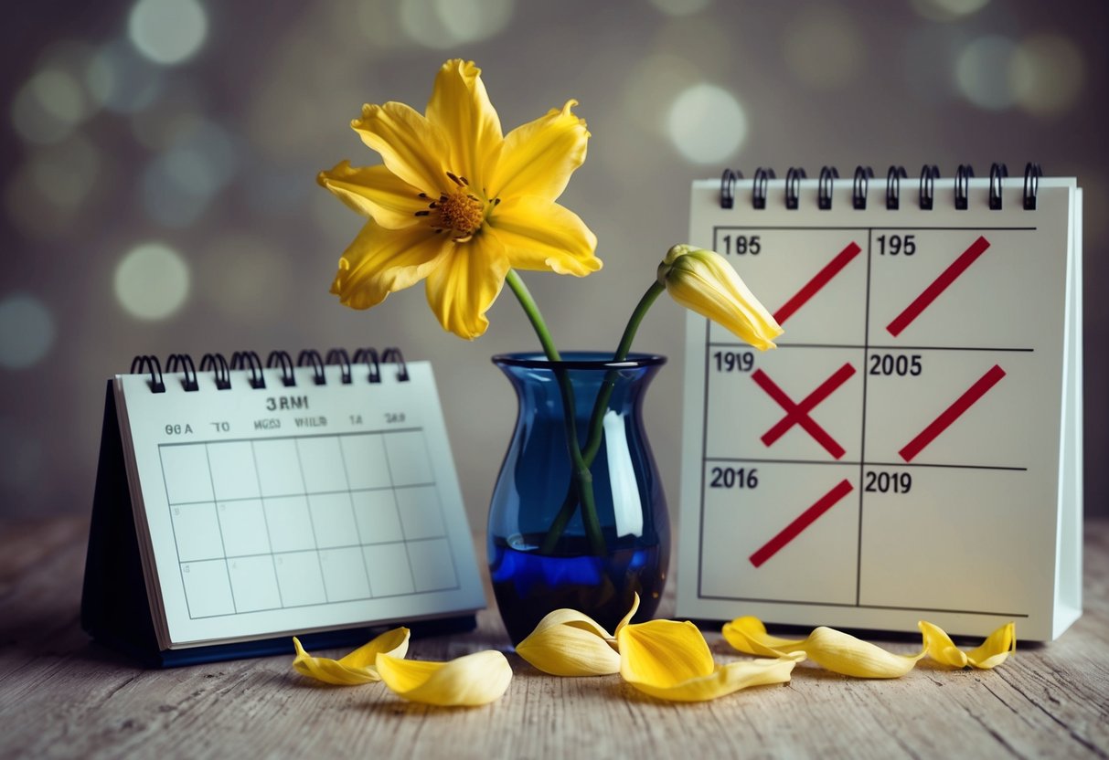 A wilting flower in a vase, surrounded by wilted petals and a calendar with four years crossed out
