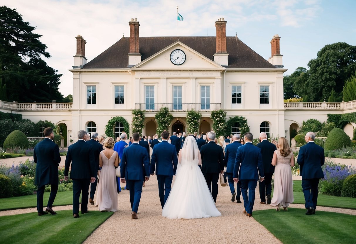 Guests arriving at a grand wedding venue, with a picturesque garden and elegant architecture. A clock on the building shows the time, indicating the early arrival for the big day
