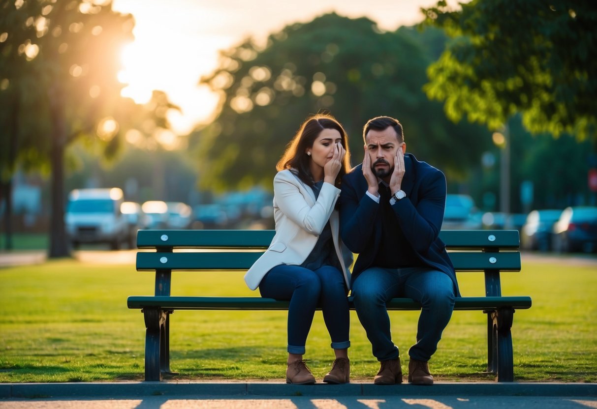 A couple sits on a park bench, one looking frustrated while the other appears contemplative. The setting sun casts long shadows, symbolizing the passage of time