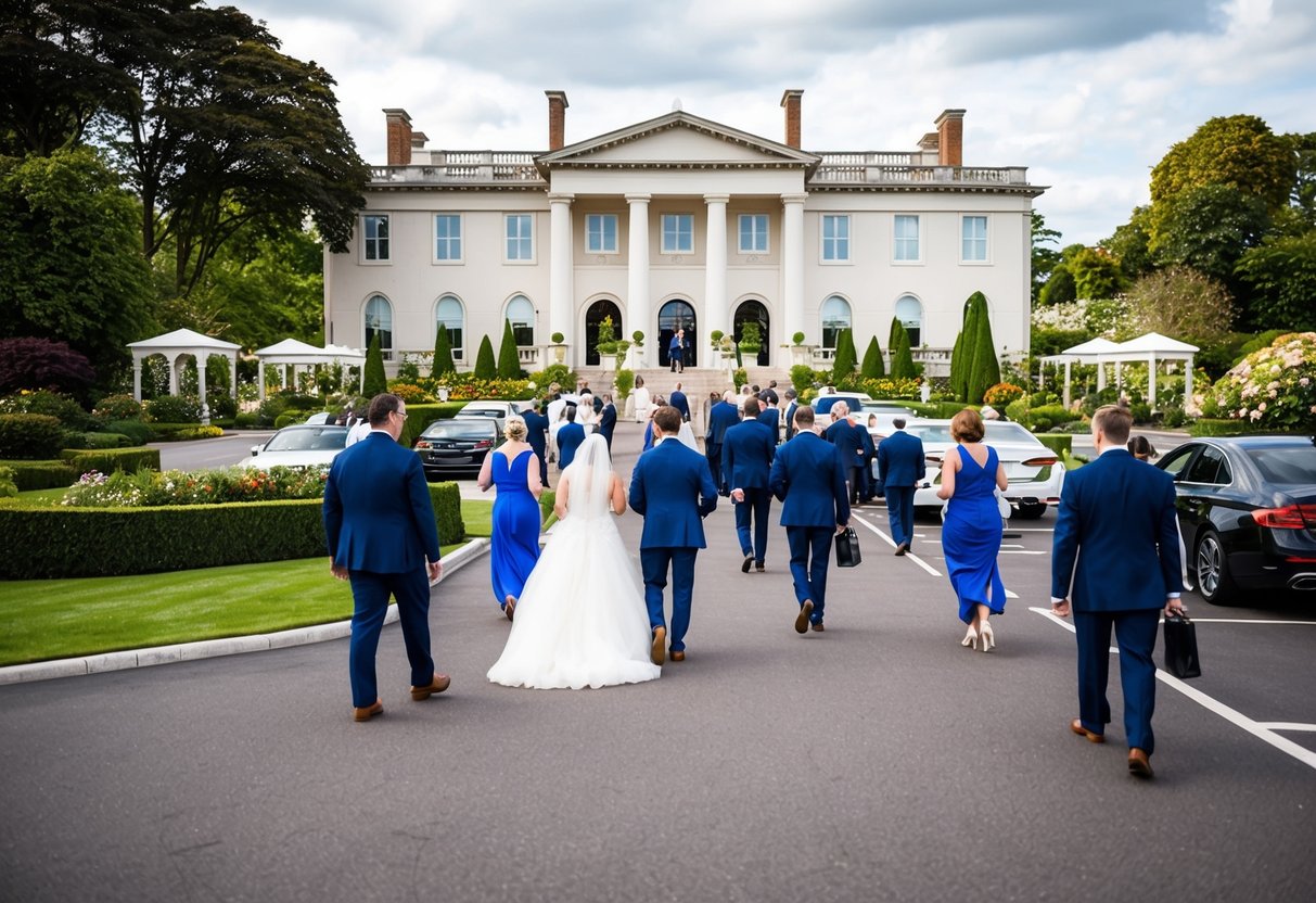 Guests arriving at a grand wedding venue, with elegant architecture and well-manicured gardens, as they navigate the entrance and parking areas