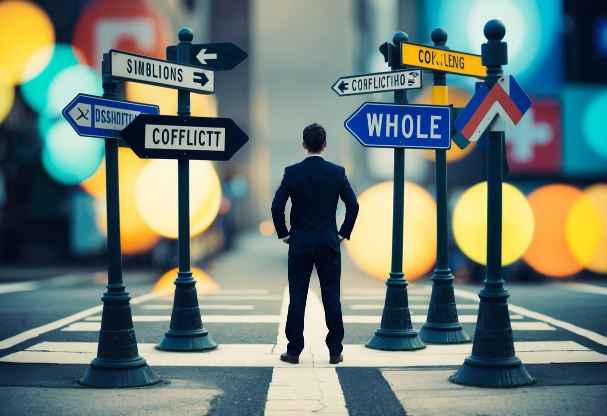 A person standing at a crossroads, with conflicting signs pointing in different directions, surrounded by a mix of traditional and modern symbols
