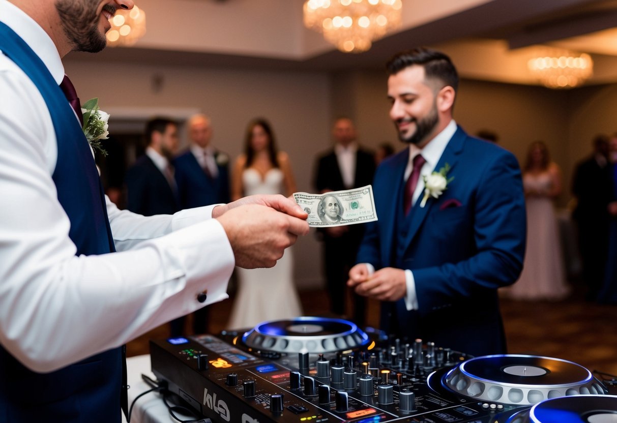 The groom hands money to the DJ at the reception