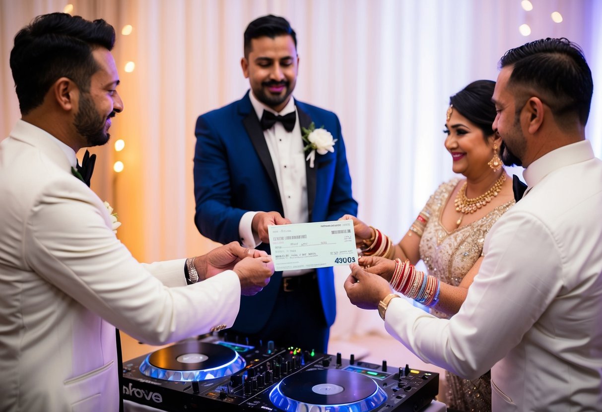 The groom's family handing over payment to the DJ at the wedding reception