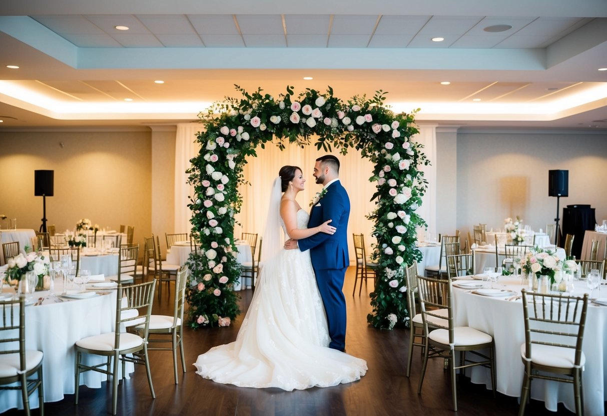 A bride and groom standing under a floral arch at the center of a venue, surrounded by tables and chairs set for a reception