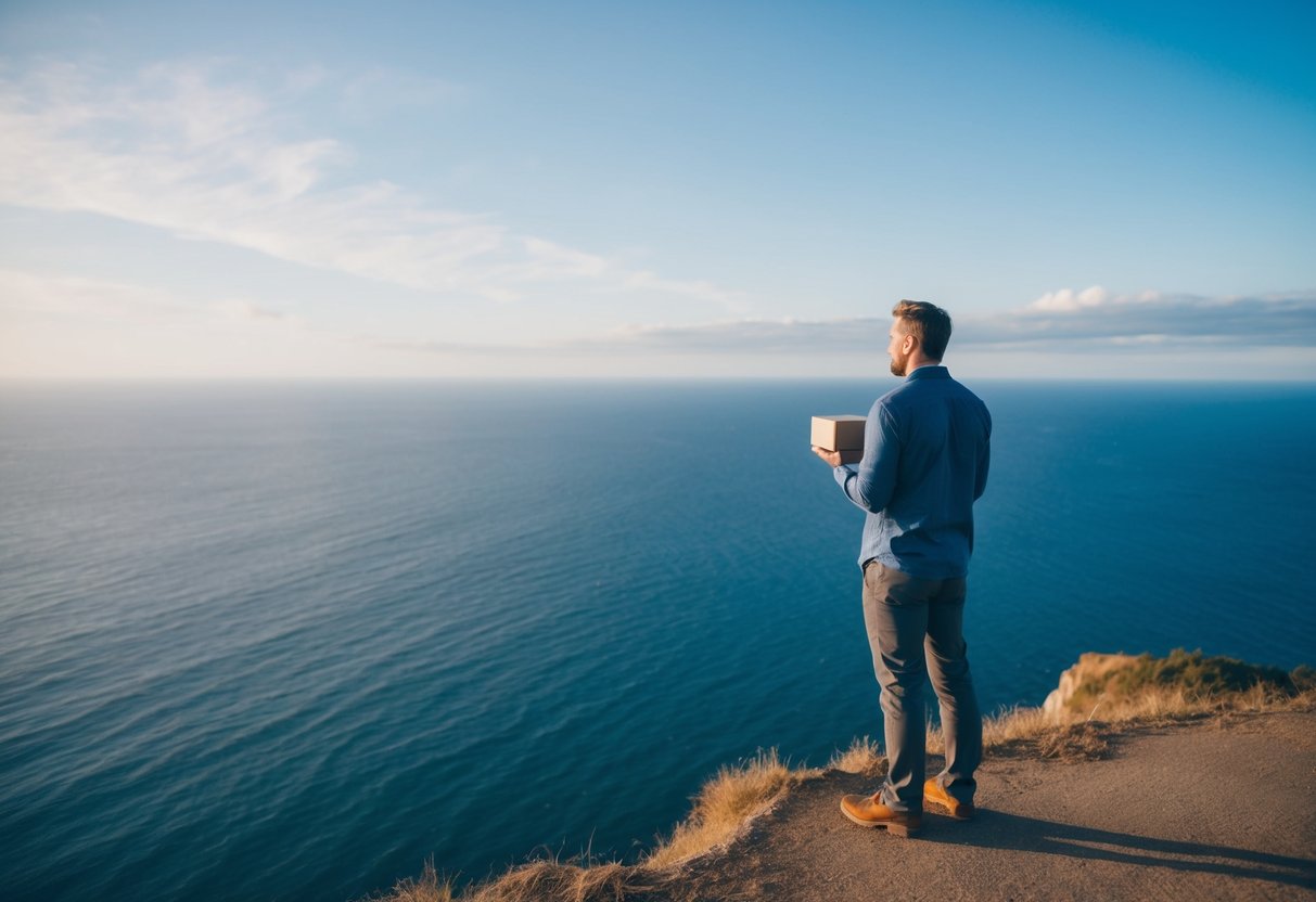 A man standing on a cliff overlooking a vast, peaceful ocean, holding a small box in his hand