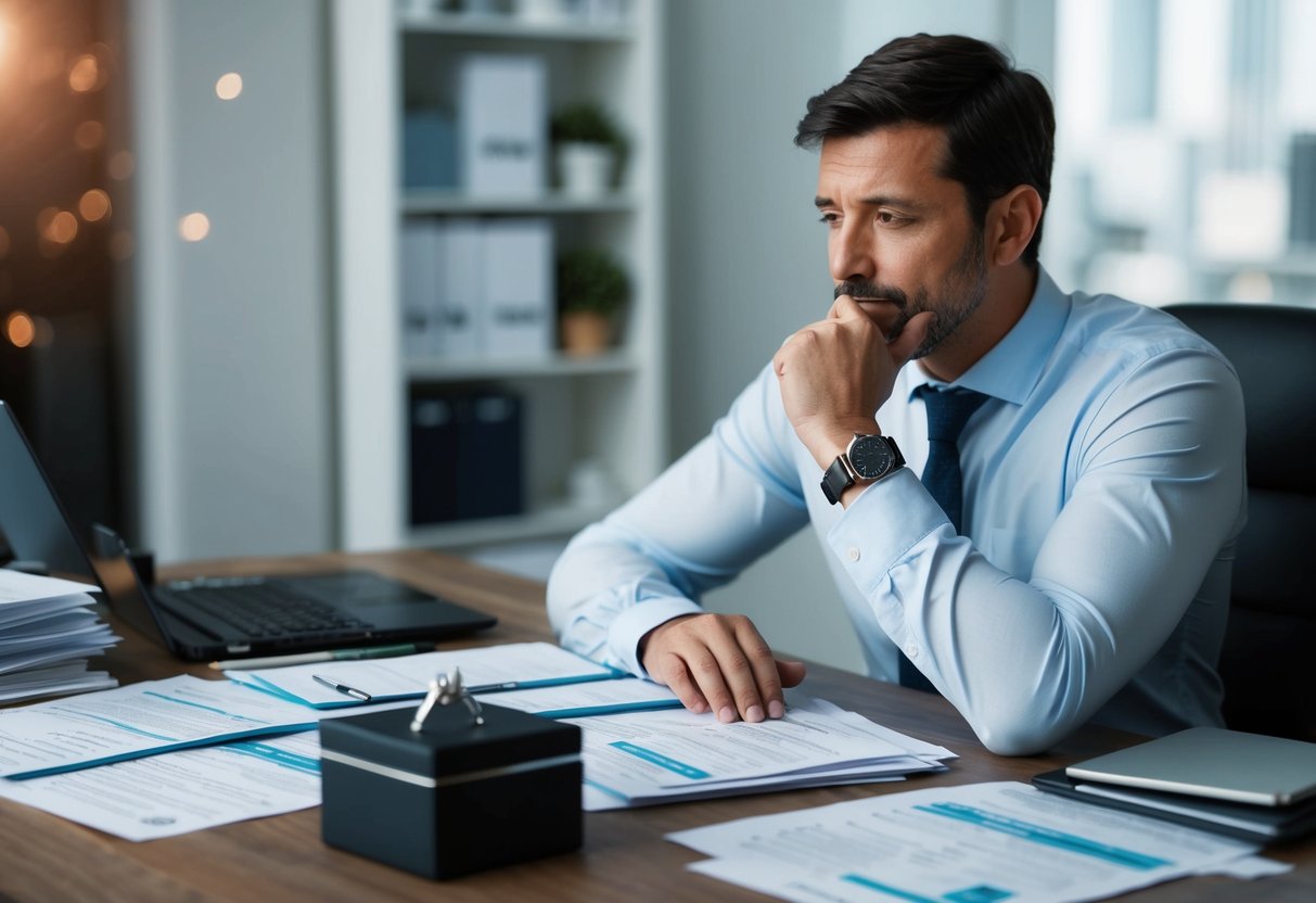 A man sitting at a desk surrounded by bills and financial documents, deep in thought with a ring box nearby