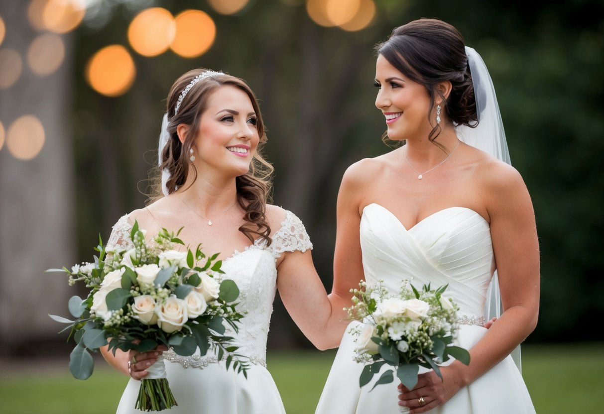 A maid of honor stands next to a bride, holding her bouquet