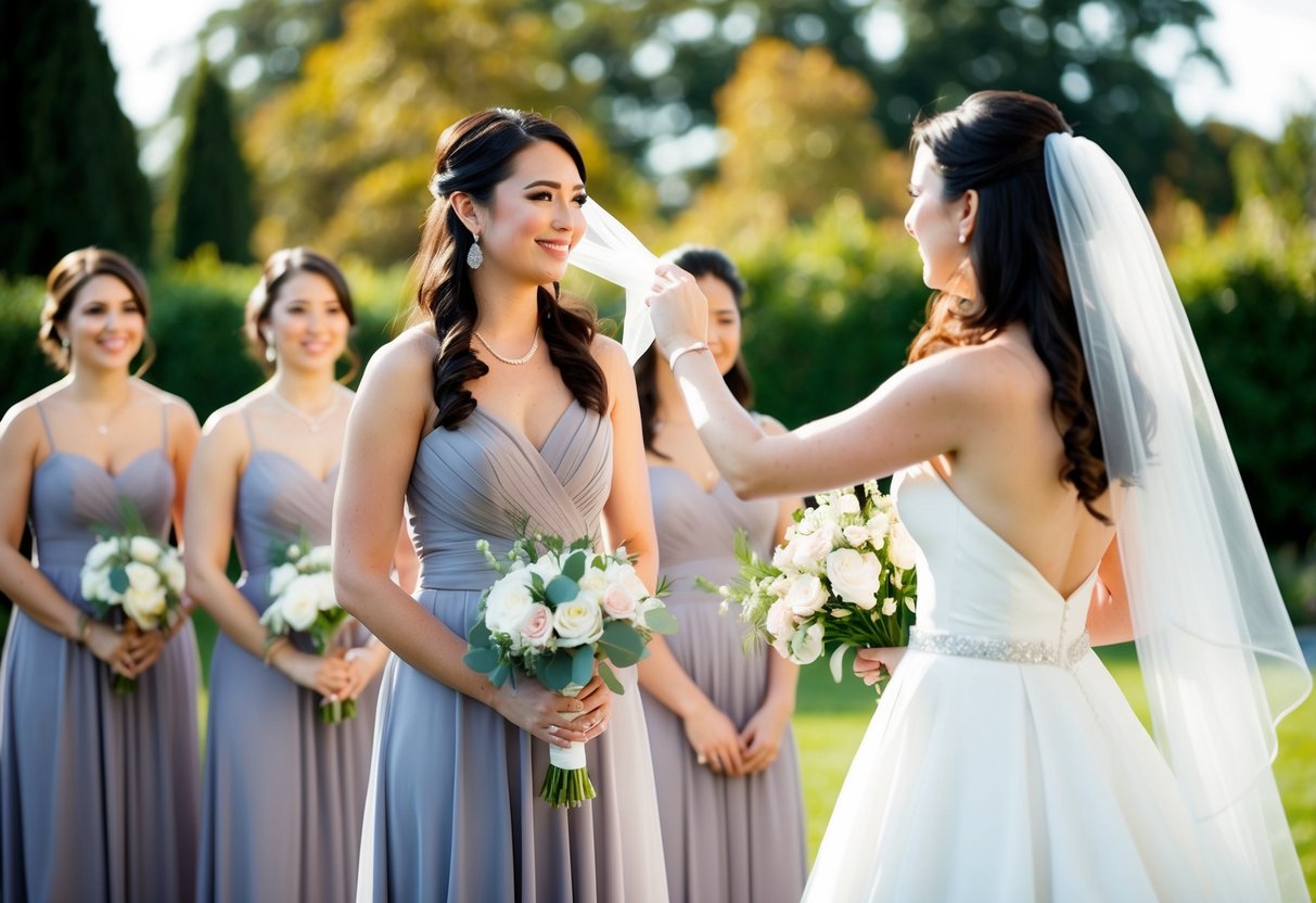 A maid of honor stands beside a bride, holding her bouquet and adjusting her veil. A group of bridesmaids stand nearby, dressed in matching gowns
