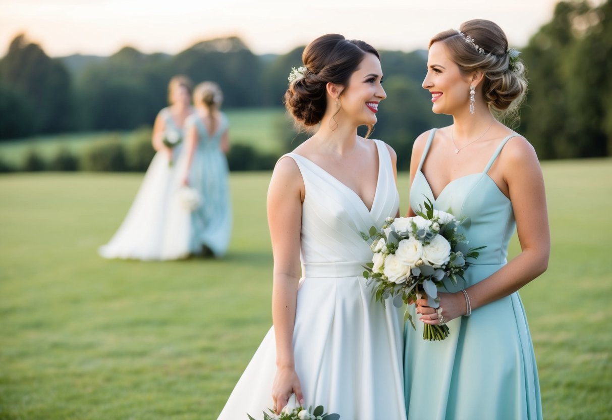 A maid of honor stands beside a bride, holding a bouquet and wearing a matching dress. The bridesmaid's attire complements the bride's gown