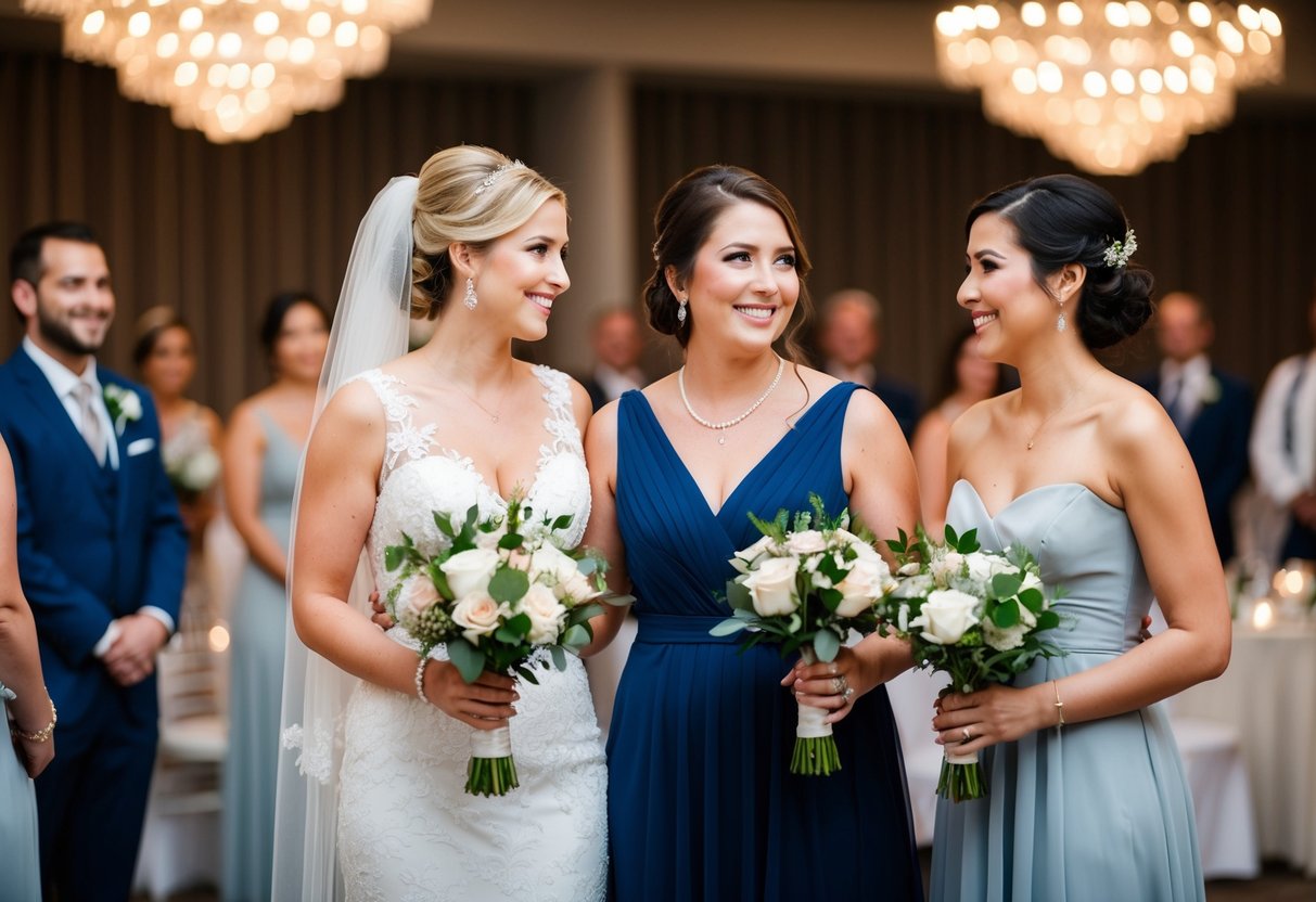 A maid of honor stands next to a bridesmaid at a wedding ceremony and reception